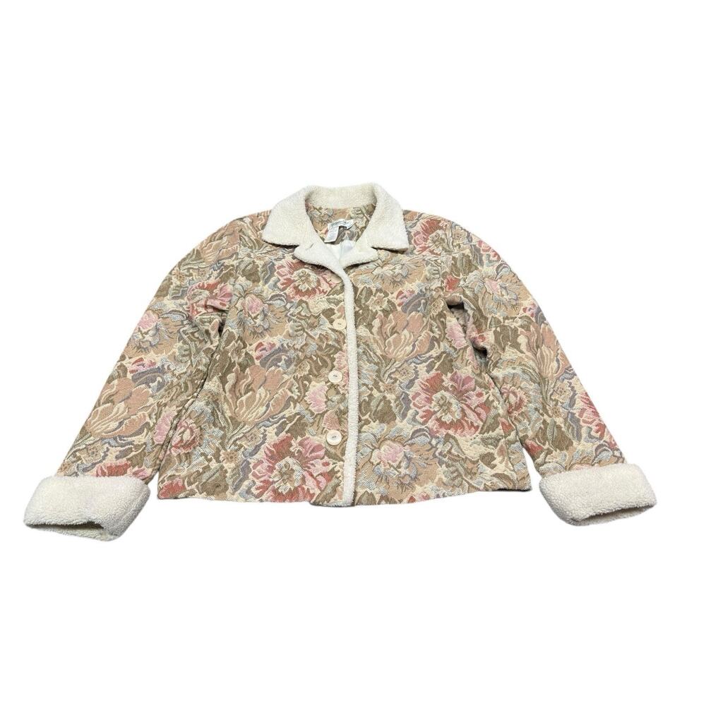 Coldwater Creek Tapestry Floral Jacket Sherpa Trim Cottagecore M - Picture 2 of 12